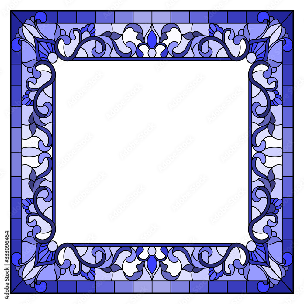 Illustration in stained glass style flower frame,  flowers and  leaves in frame, tone blue