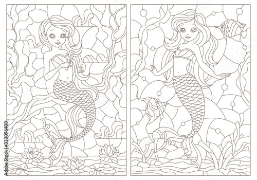 Set of contour illustrations of stained glass Windows with mermaids, dark contours on a white background © Zagory