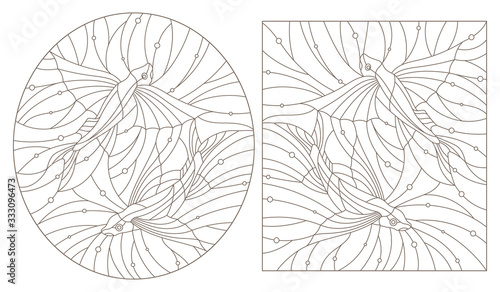 Set contour illustrations in stained glass style with flying fishes on the background of water and air bubble, dark contour on a white background