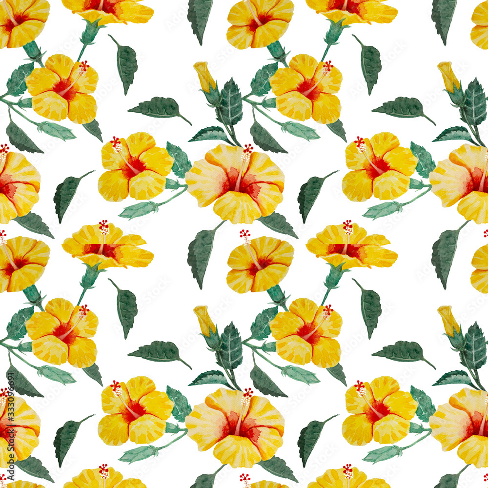 Watercolor painting floral seamless pattern with yellow hibiscus flowers blossom and green leaves on white background, tropical plant graphic repeated print for textile, fabric or vintage wallpaper
