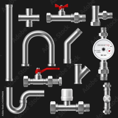 Plumbing pipes, pipeline parts of water supply and drain system 3d vector design of construction industry. Realistic metal tubes, valves and faucets, taps, steel fixtures, connectors and flow meter