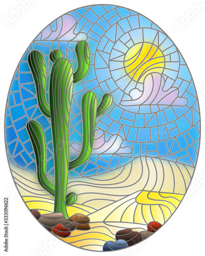 The illustration in stained glass style painting with desert landscape, cactus in a lbackground of dunes, sky and sun, oval image