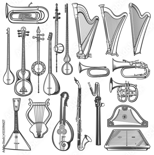 Musical instruments, vector sketch. Isolated harps, tuba, bugle and clarinet, trumpet, vintage lyre, balalaika and gusli, cornet and cymbalo, tar and saz, kamancheh and tanbur, music objects photo