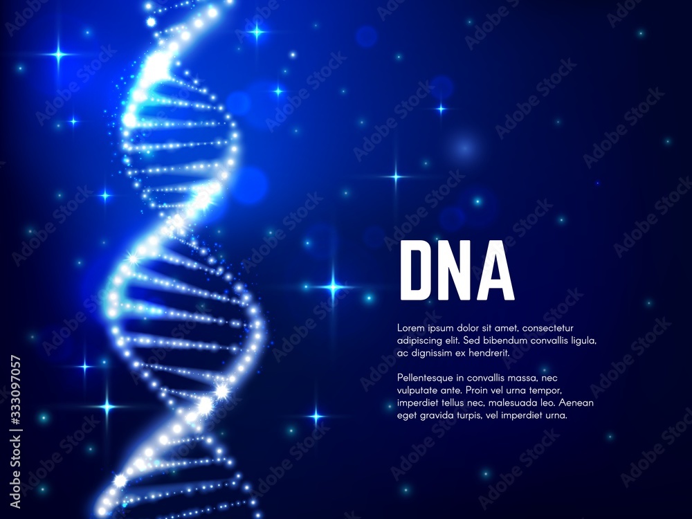 Obraz premium DNA glowing helix vector design of genetics science, medicine, biology and biotechnology. Blue molecule of DNA double helix with sparkling strands and atoms, bright sparkles and particles