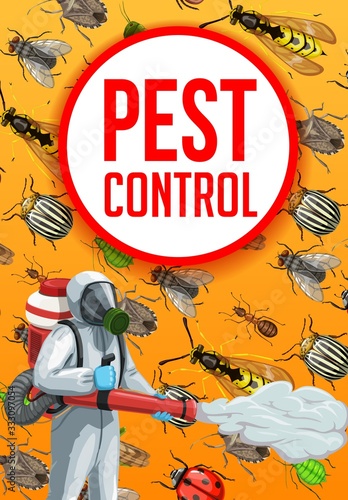 Extermination of agricultural crop insects, pest control vector design. Exterminator with pesticide sprayer, wasp, colorado beetle and aphid, ant, fly and ladybug pests, protective costume and mask