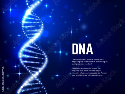 DNA glowing helix vector design of genetics science, medicine, biology and biotechnology. Blue molecule of DNA double helix with sparkling strands and atoms, bright sparkles and particles