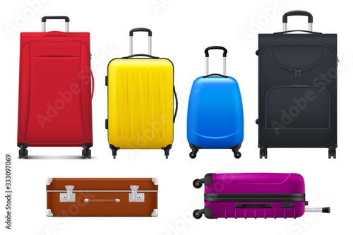 Travel suitcases and bags, luggage isolated vector of tourism, vacation trip and journey design. Realistic trolley cases, old leather briefcase and hard shell upright spinners with handles, wheels