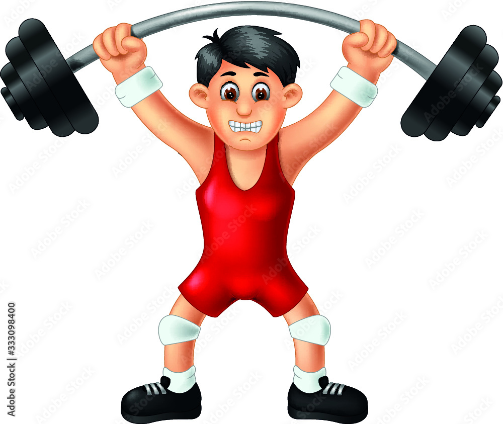 Cool Weightlifter Boy in Red Uniform With Black Big Barbell Cartoon Cool Weightlifter Boy in Red Uniform With Black Big Barbell Cartoon