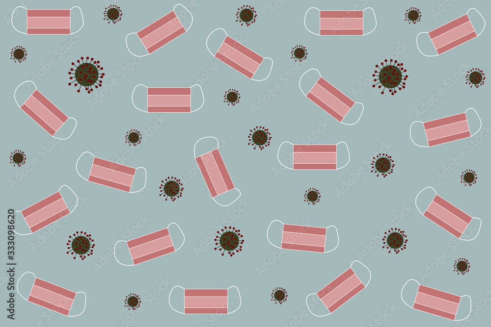 Pink masks and virus on blue background. Pink masks and virus on blue background.