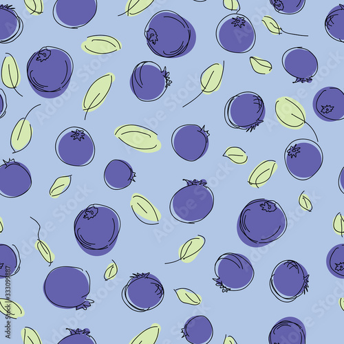 Blueberry vector seamless pattern. Natural fresh ripe tasty blueberries with green leaves. illustration, surface pattern design
