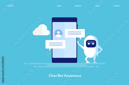 Chatbot assistant, mobile interaction with chat bot communication, instant messaging app, cloud technology concept. Flat design web banner template.
