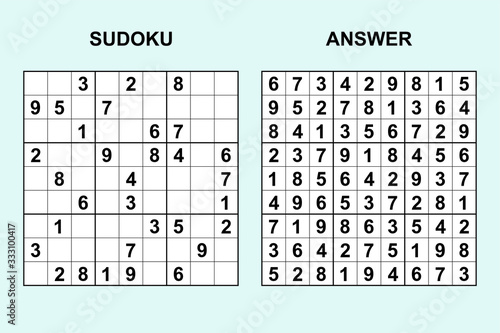 Vector sudoku with answer 335. Puzzle game with numbers.