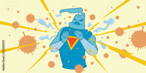 Cartoon Illustration of hand sanitizer superhero attack corona virus, cover-19. 
