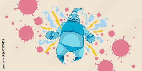 Cartoon Illustration of hand sanitizer superhero attack corona virus, cover-19. 