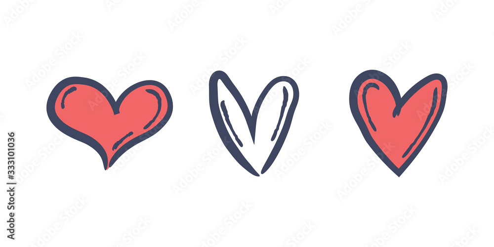 Hand drawn hearts. Set of heart doodle illustrations. Love, care and health symbol.