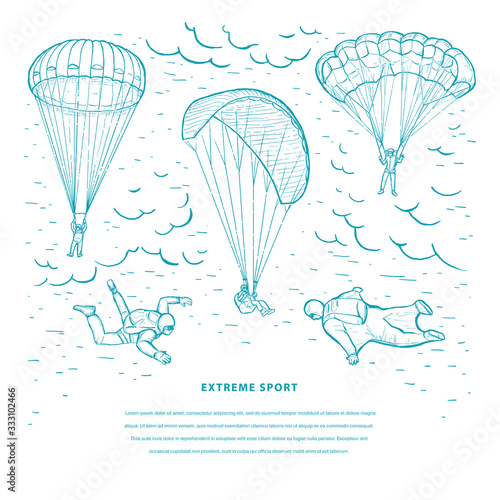 Extreme sport sketch vector template. Skydivers flying with a paraglider and parachute in the sky with clouds. Parachuting sport concept. Design for flyer, card, invitation, mailing, web banners