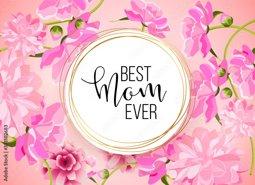 Obraz premium Happy mother's day layout design with roses, lettering, ribbon, frame, dotted background. Vector illustration. Best mom / mum ever cute feminine design for menu, flyer, card, invitation.