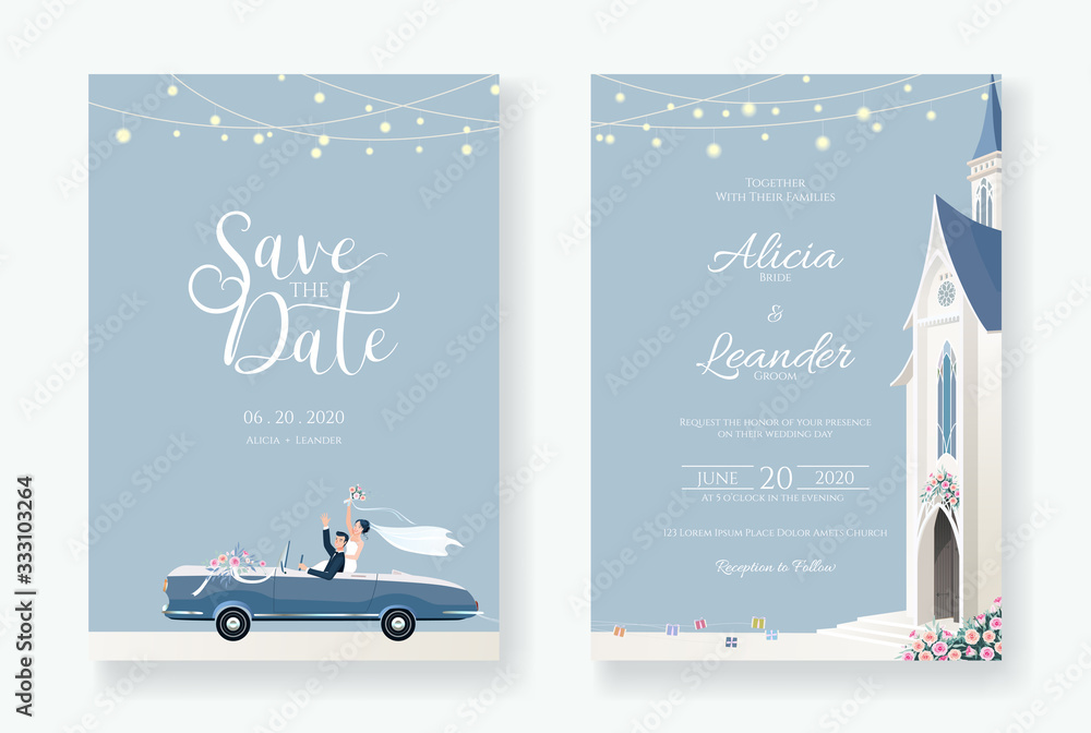 © negoworks - Set of wedding cards, Invitation, save the date template. Newlywed couple is driving a convertible, after Church ceremony image. Vector. © negoworks - Set of wedding cards, Invitation, save the date template. Newlywed couple is driving a convertible, after Church ceremony image. Vector.