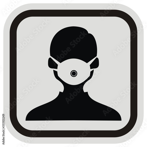 Person with respirator, black silhouette at gray and black frame, vector icon