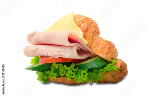 sandwich croissant or hamburger with croissant bread isolated on white background with clipping path