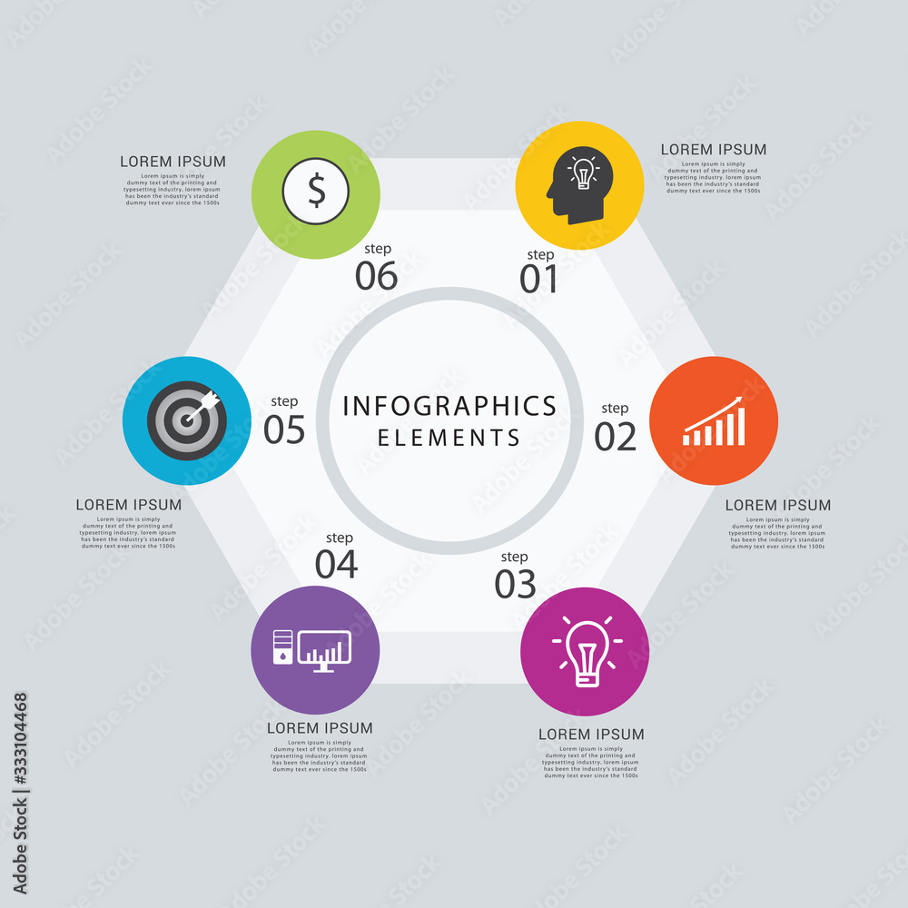 Business infographics circle with 6 step and business icons Business infographics circle with 6 step and business icons