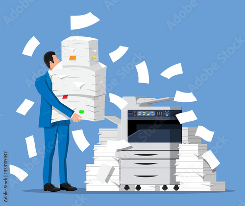 Stressed businessman holds pile of office documents. Overworked business man with stacks of papers. Office printer machine. Stress at work. Bureaucracy, paperwork, big data. Flat vector illustration