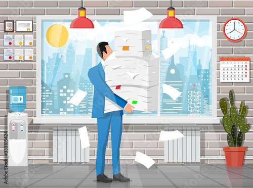 Stressed businessman under pile of office papers and documents. Office building interior. Office documents heap. Routine, bureaucracy, big data, paperwork, office. Vector illustration in flat style