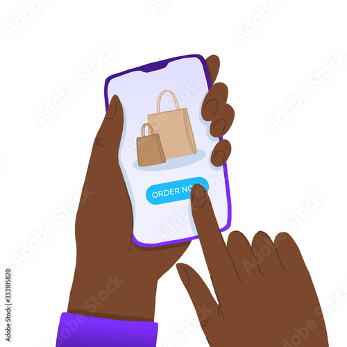 african american Hands holding smart phone with order now button on the screen. E-commerce flat design concept. Using mobile smart phone for online purchasing. Order from home.