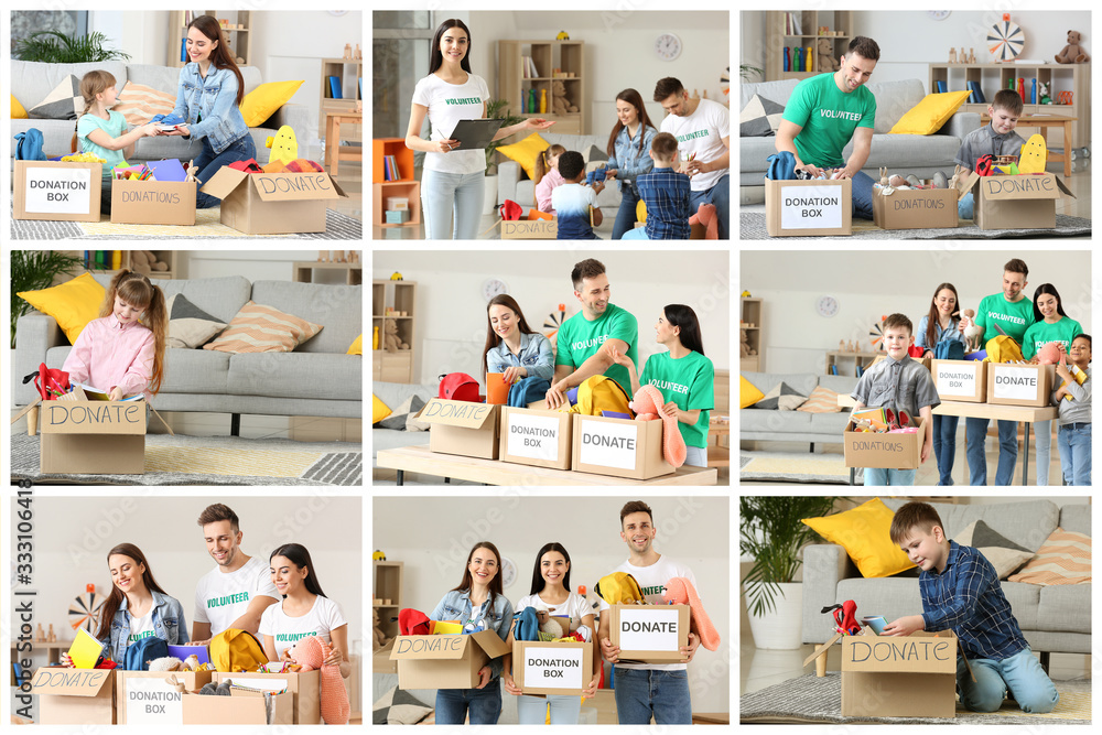 Obraz premium Volunteers with donations and children at orphan home