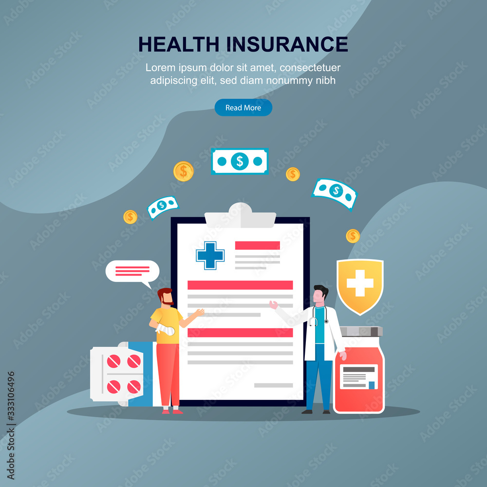 Health insurance concept. Medical research report or contract vector with patient consults to doctor. flat medical record paper illustration. For landing page, internet, printing and mass media Health insurance concept. Medical research report or contract vector with patient consults to doctor. flat medical record paper illustration. For landing page, internet, printing and mass media