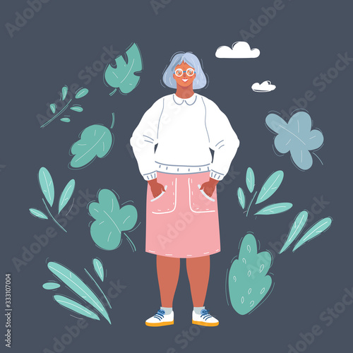 Illustration of elderly woman on dark background.