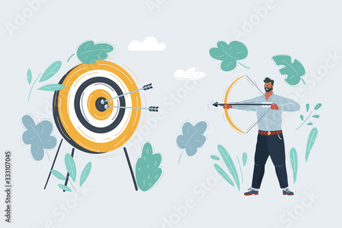 Of man with bow, shout arrow to the target. Character on dark background.