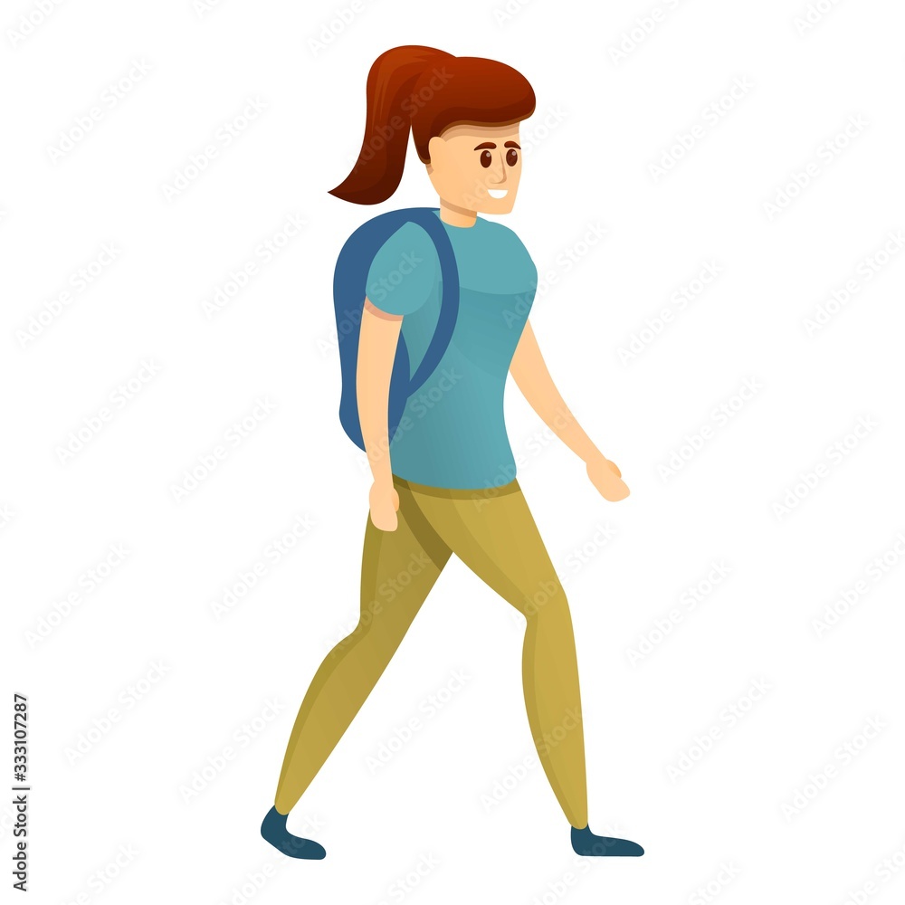 Walking woman tourist icon. Cartoon of walking woman tourist vector icon for web design isolated on white background Walking woman tourist icon. Cartoon of walking woman tourist vector icon for web design isolated on white background