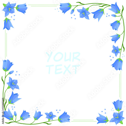 Vector floral frame with bell flowers; blue flower wreath for greeting cards, postcards,  invitations, wedding cards, web design.