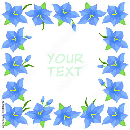 Vector floral frame with bell flowers; blue flower wreath for greeting cards, postcards,  invitations, wedding cards, web design.