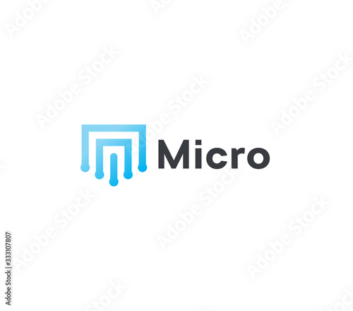 Abstract micro scheme icon, blue geometric lines. Microchip linear logo template, flat abstract emblem. Concept logotype design for computer tecnology. Vector logo.