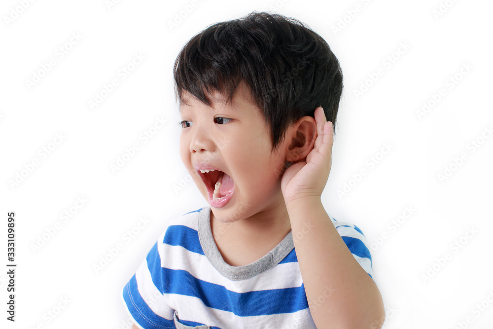 Little Asian boy with hearing problems. Hearing loss in childhood, symptoms and treatment concept. Little Asian boy with hearing problems. Hearing loss in childhood, symptoms and treatment concept.