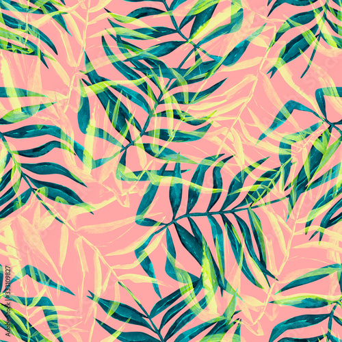 seamless tropical pattern with coconut palm leaves, watercolor painting on a pink background.