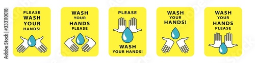 Sticker or nameplate template. Recommendations for the prevention of viral infectious diseases. A preventive measure to maintain health. Please wash your hands! Isolated vector elements.