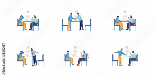 Set of illustrations - 2 man sitting at desk in various poses. Argue, chat, negotitations, talk. Meeting between business men. People discussing working issues. Flat character design.