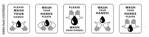 Sticker or nameplate template. Recommendations for the prevention of viral infectious diseases. A preventive measure to maintain health. Please wash your hands! Isolated vector elements.