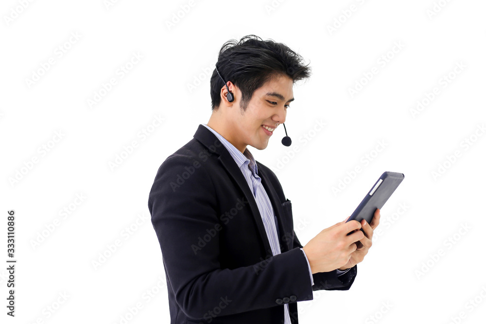 Asia call center workers or Confident business with headset,Customer support standing on white background. Asia call center workers or Confident business with headset,Customer support standing on white background.