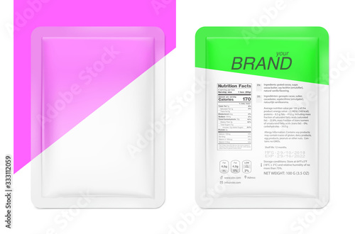 Sachet packaging for food, cosmetic and hygiene with product information. Layered file with transparent highlights. Vector illustration on white background. Ready for your design. EPS10. 
