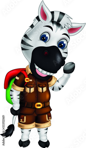 White Zebra in Brown Suit With Red Green Backpack Cartoon
