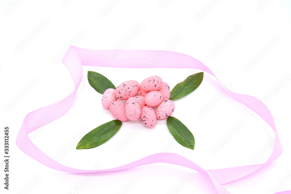 Easter decoration  with  eggs and green leaves. Easter minimal concept. 