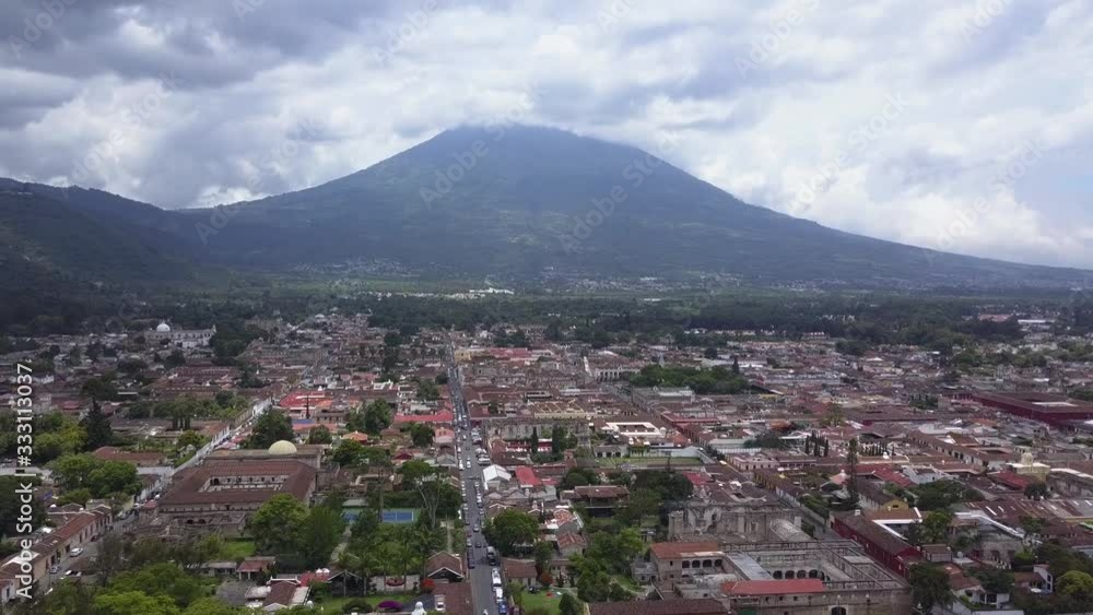 AERIAL: Vulcano in Antigua city in Guatemala AERIAL: Vulcano in Antigua city in Guatemala