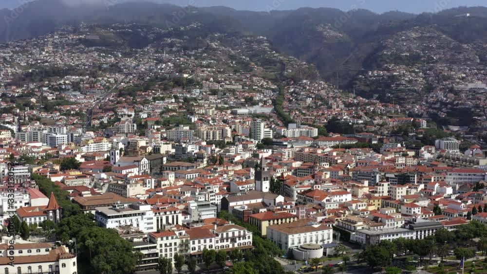 AERIAL: City by the ocean in Madeira Portugal AERIAL: City by the ocean in Madeira Portugal