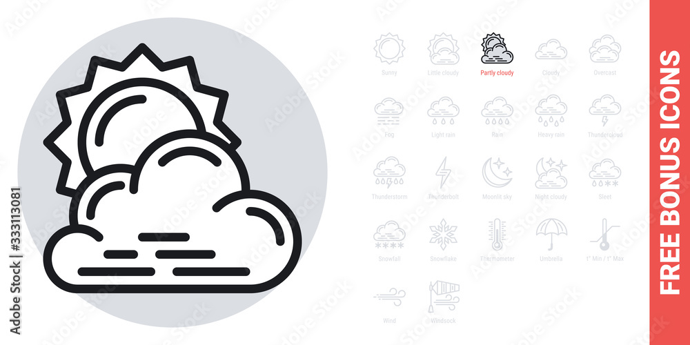 Partly cloudy or partially cloudy icon for weather forecast application or widget. Sun behind the cloud. Simple black and white version. Free bonus icons kit included Partly cloudy or partially cloudy icon for weather forecast application or widget. Sun behind the cloud. Simple black and white version. Free bonus icons kit included