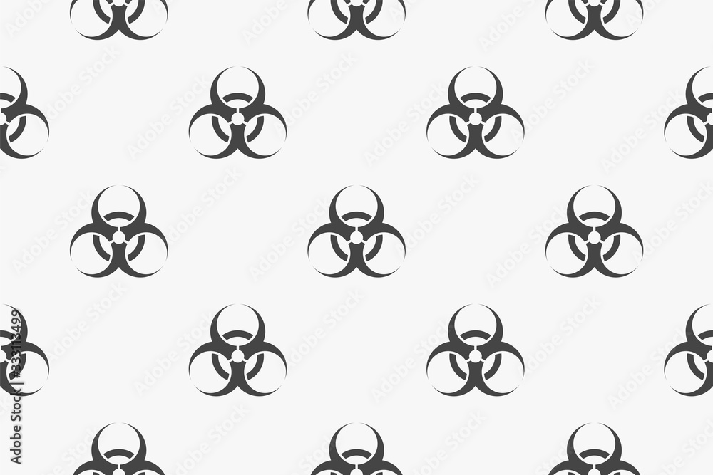 Seamless background pattern of biohazard symbols in gray hues. Pandemic panic, viral infection. Illustration screensaver. Seamless background pattern of biohazard symbols in gray hues. Pandemic panic, viral infection. Illustration screensaver.