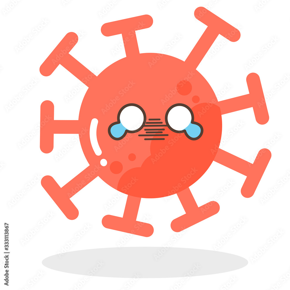 Vector of cute kawaii cartoon red emoticons face covid19, emoji star crying  with tear or sad face of corona virus, Corona Virus cartoon characters or  dust floating isolated on white background Stock